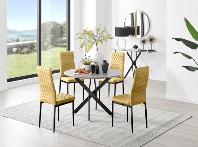 Novara Grey Concrete Effect Black Leg Round Dining Table & 4 Velvet Milan Black Leg Chairs