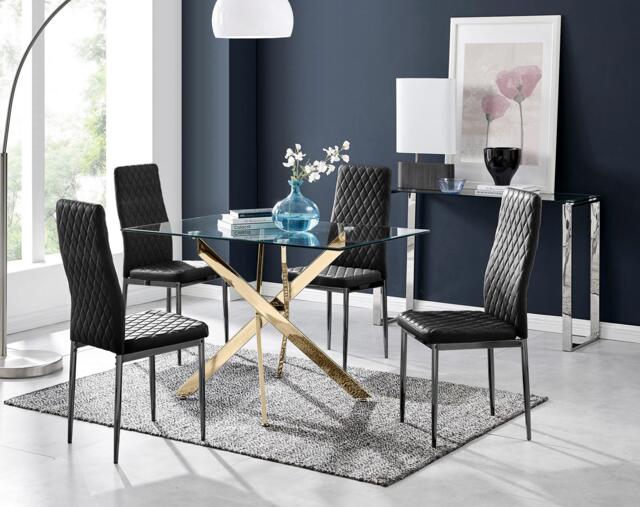 Leonardo 4 Gold Dining Table and 4 Velvet Milan Black Leg Chairs - image 1