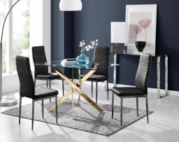 Leonardo 4 Gold Dining Table and 4 Velvet Milan Black Leg Chairs