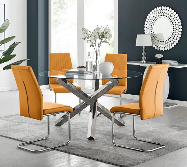 Vogue Large Round Chrome Metal Clear Glass Dining Table And 4 Lorenzo Dining Chairs Set - image 1