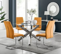 Vogue Large Round Chrome Metal Clear Glass Dining Table And 4 Lorenzo Dining Chairs Set - thumbnail 1