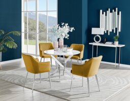 Novara White High Gloss Round Dining Table & 4 Calla Silver Leg Chairs - thumbnail 1