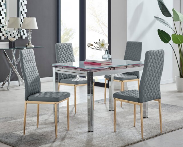 Enna White Glass Extending Dining Table and 4 Gold Leg Milan Chairs - image 1