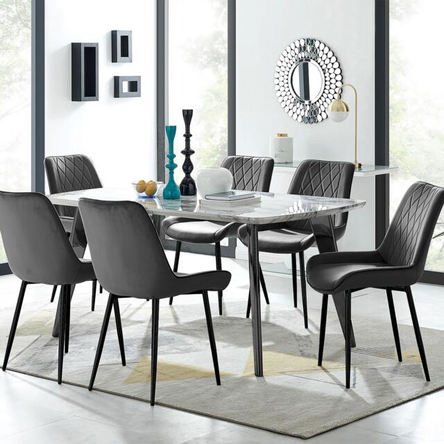 Furniturebox Andria Leg Marble Effect Dining Table and 6 Pesaro Leg Chairs, Engineered Wood/Metal/Velvet in Black - Size: 53x87x63 cm - image 1