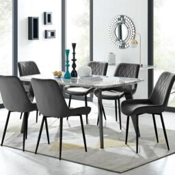 Furniturebox Andria Leg Marble Effect Dining Table and 6 Pesaro Leg Chairs, Engineered Wood/Metal/Velvet in Black - Size: 53x87x63 cm