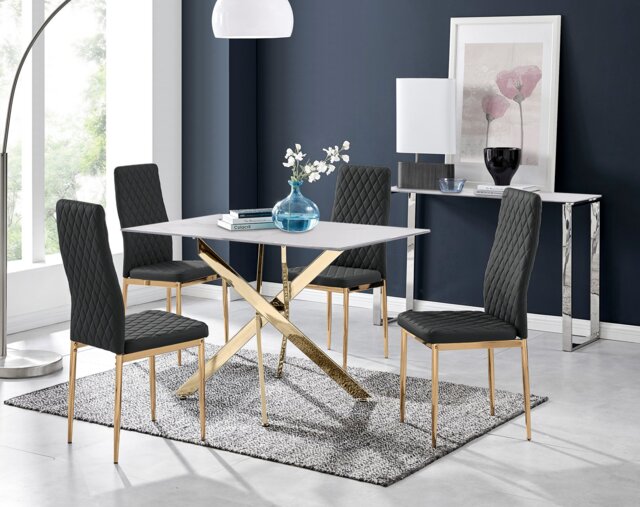 Leonardo White Glass Marble Effect Gold Leg Table & 4 Milan Gold Leg Chairs - image 1