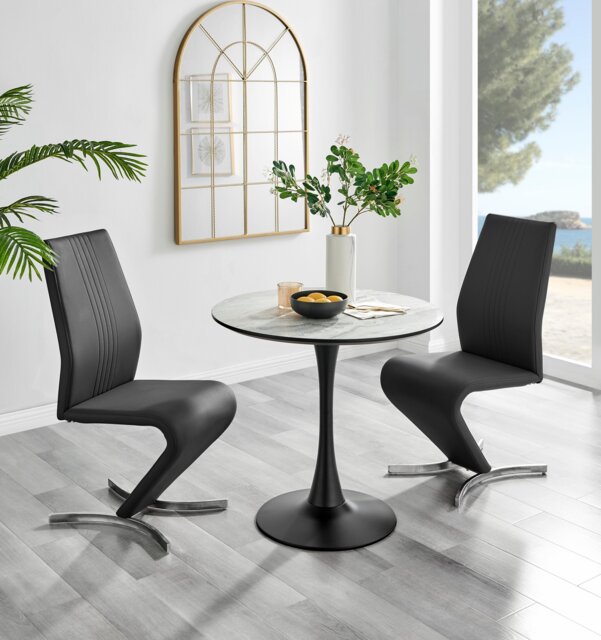 Elina White Marble Effect Round Dining Table & 2 Willow Chairs - image 1