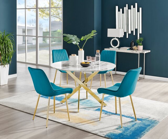 Novara White Marble Gold Leg 120cm Round Dining Table & 4 Pesaro Gold Leg Chairs - image 1