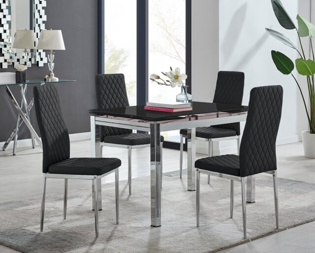 Enna Black Glass Extending Dining Table and 4 Milan Chairs - image 1