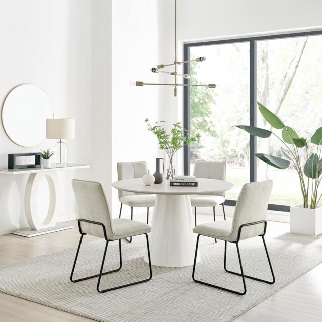 Furniturebox Palma Stone Effect Round Dining Table & 4 Taupe Halle Chairs, Fabric/Metal/Engineered Wood in Beige - Size: 47.5x88x58.5 cm - image 1