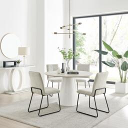 Furniturebox Palma Stone Effect Round Dining Table & 4 Taupe Halle Chairs, Fabric/Metal/Engineered Wood in Beige - Size: 47.5x88x58.5 cm
