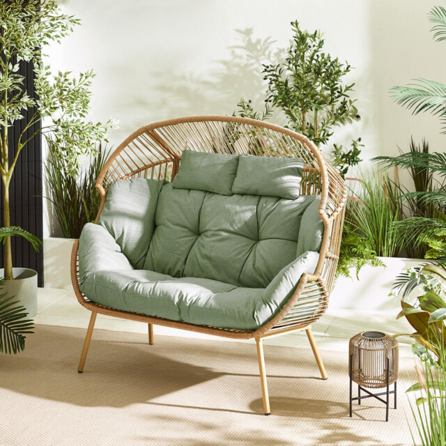 Beige Rattan & Green Garden Double Egg Chair Seat - image 1