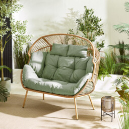 Beige Rattan & Green Garden Double Egg Chair Seat - thumbnail 1
