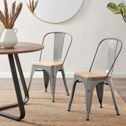 2x Colton Grey 'Tolix' Style Metal and Wood Dining Chairs - thumbnail 1