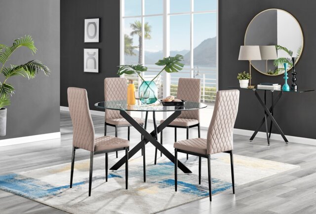 Novara Black Leg 120cm Round Glass Dining Table & 4 Milan Black Leg Chairs - image 1