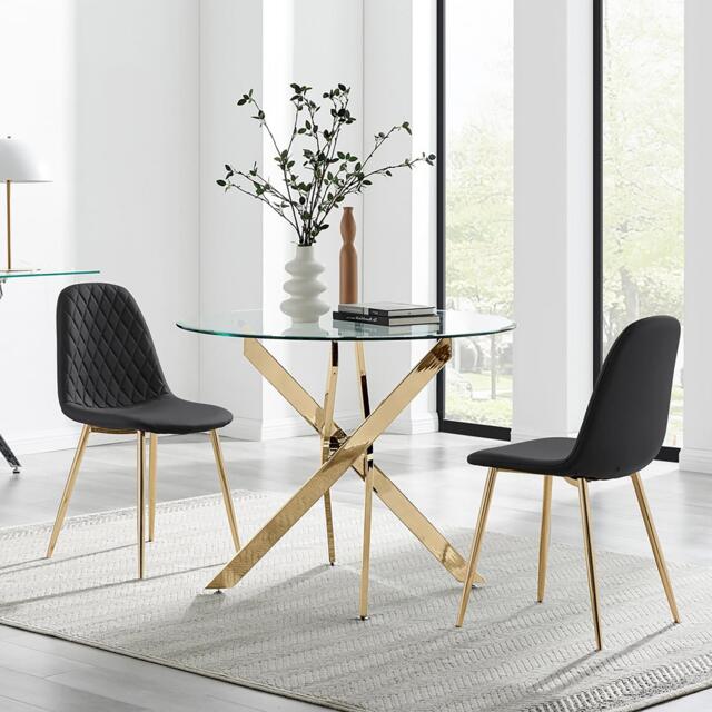 Novara 100cm Round Gold Leg Dining Table & 2 Corona Gold Chairs - image 1