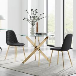 Novara 100cm Round Gold Leg Dining Table & 2 Corona Gold Chairs - thumbnail 1