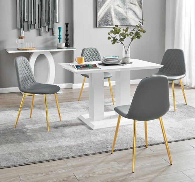 Imperia 4 Modern White High Gloss Dining Table And 4 Corona Gold Chairs Set - image 1