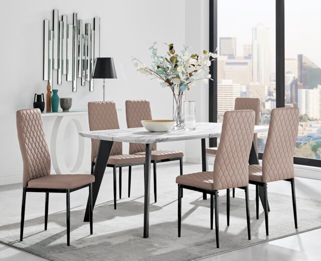 Andria Black Leg Marble Effect Dining Table and 6 Milan Black Leg Chairs - image 1