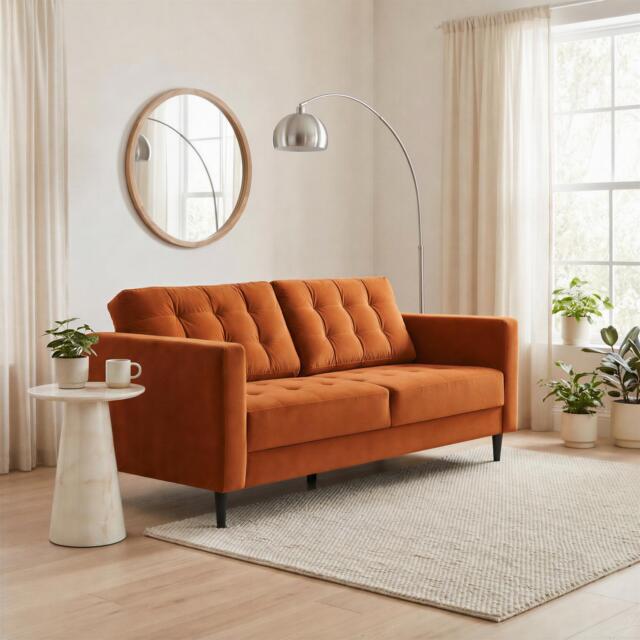 Furniturebox Jolene Burnt Orange 3 Seater Sofa, Velvet in Orange/Black - Size: 200x90x88 cm - image 1