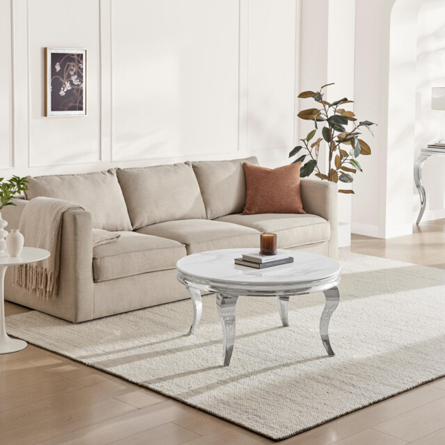 Skye Round White Marble Glass and Metal Coffee Table - image 1