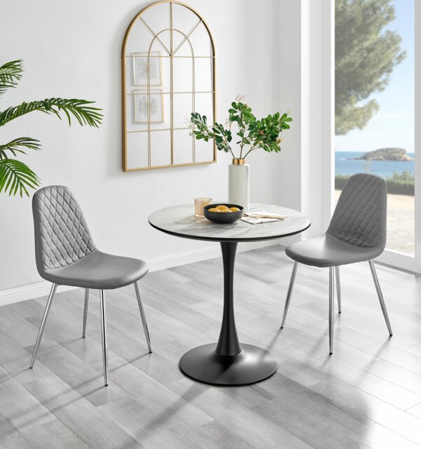 Elina White Marble Effect Round Dining Table & 2 Corona Silver Chairs - image 1