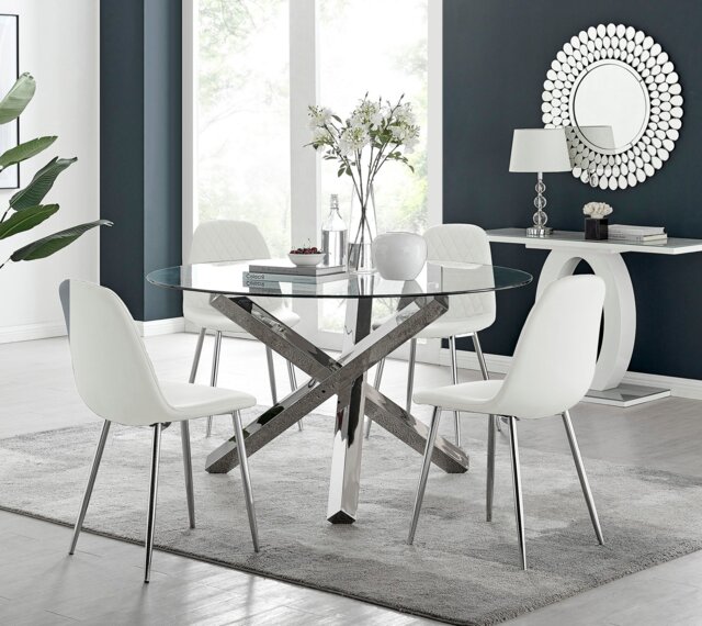 Vogue Large Round Chrome Metal Clear Glass Dining Table And 4 Corona Silver Dining Chairs Set - image 1