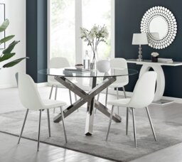 Vogue Large Round Chrome Metal Clear Glass Dining Table And 4 Corona Silver Dining Chairs Set - thumbnail 1