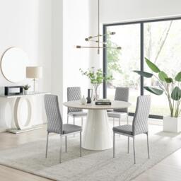 Palma Beige Stone Effect Round Dining Table & 4 Milan Chrome Leg Chairs - thumbnail 1