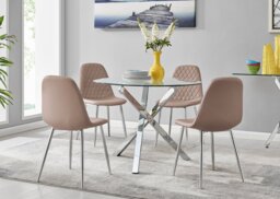 Selina Chrome Round Square Leg Glass Dining Table And 4 Corona Silver Chairs Set - thumbnail 1
