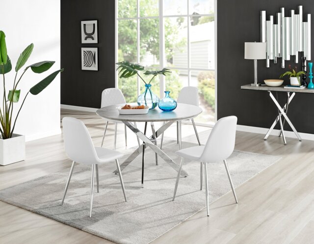 Novara Grey Concrete Effect 120cm Round Dining Table & 4 Corona Silver Leg Chairs