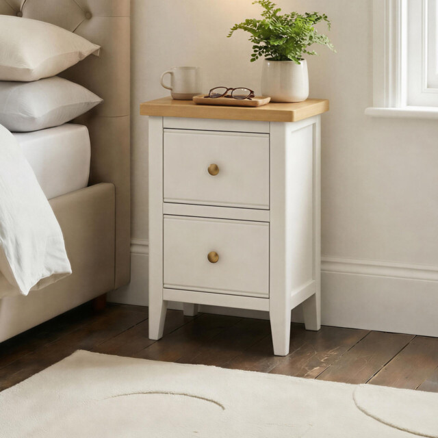 Belle 2 Drawer Solid Oak Wood and Cream Slim Bedside Table - image 1