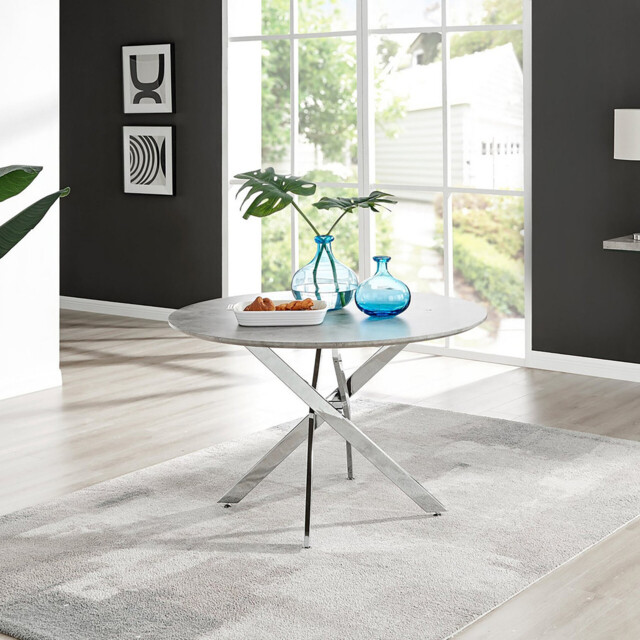 Novara Round Concrete Effect and Silver Metal 4-6 Seater Dining Table - image 1