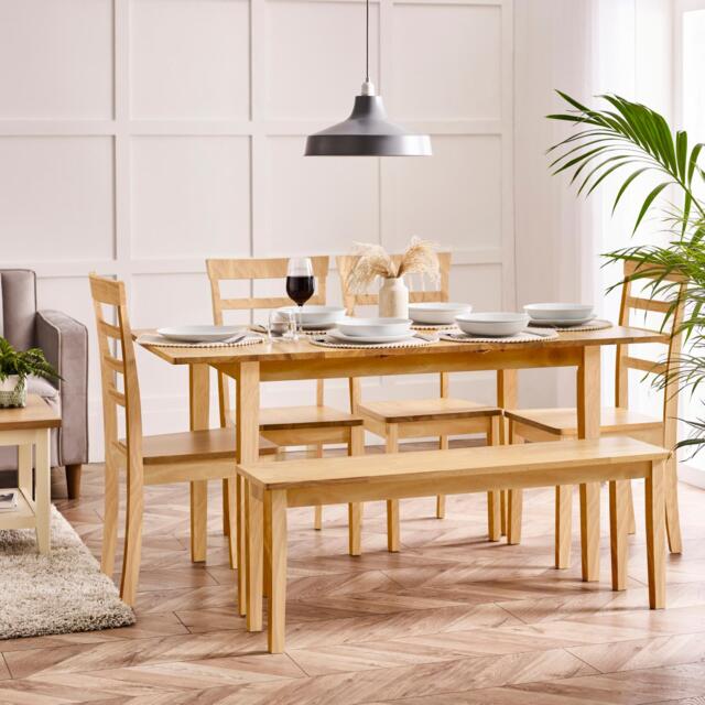 Salcombe Extending Oak Effect Wooden Table with 4 Whitby Chairs & 1 Large Bench - image 1