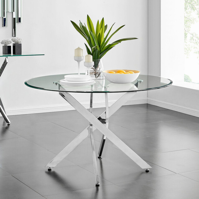 Novara Round Glass and Silver Metal 6 Seater Dining Table - image 1