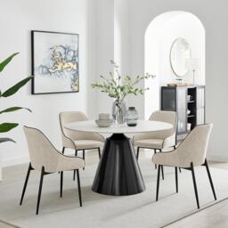 Nina White Marble Ceramic Top Round Dining Table and 4 Cream Beaumont Chairs - thumbnail 1
