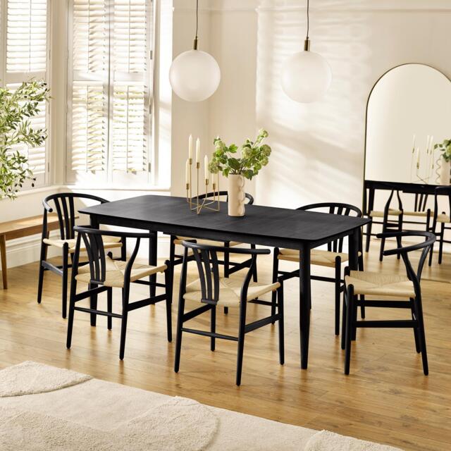 Leif Black Wood Rectangular Extending Table & 6 Caia Black Wishbone Oak Dining Chairs - image 1