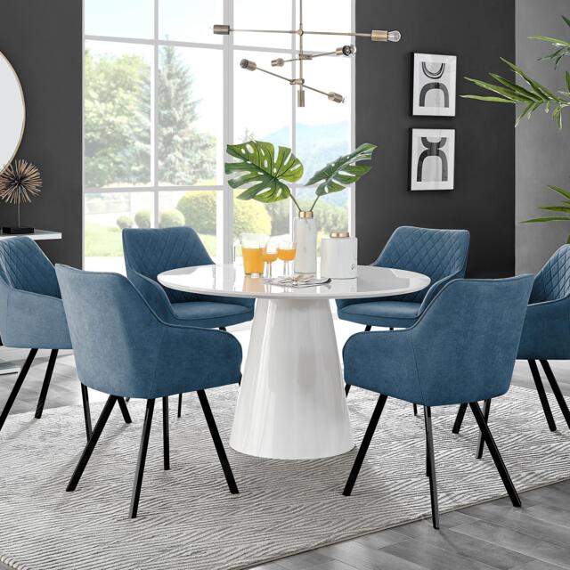 Palma White High Gloss Round Dining Table & 6 Falun Black Leg Chairs - image 1