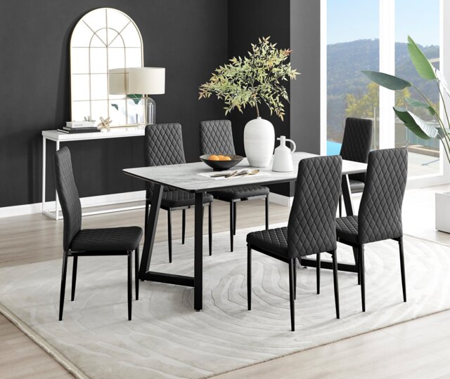 Carson White Marble Effect Dining Table & 6 Milan Black Leg Chairs - image 1