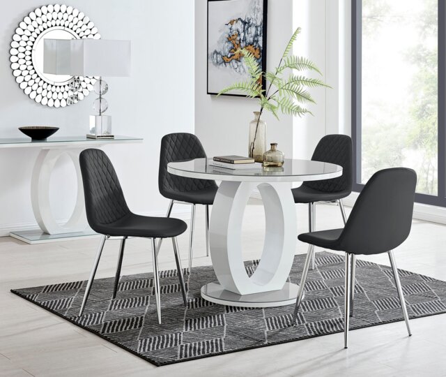 Giovani Grey White High Gloss And Glass 100cm Round Dining Table And 4 Corona Silver Chairs Set - image 1