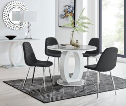 Giovani Grey White High Gloss And Glass 100cm Round Dining Table And 4 Corona Silver Chairs Set - thumbnail 1
