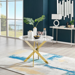 Novara Round White Marble Effect and Gold Metal 4 Seater Dining Table - thumbnail 1