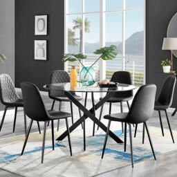 Novara Black Leg 120cm Round Glass Dining Table & 6 Corona Black Leg Chairs - thumbnail 1
