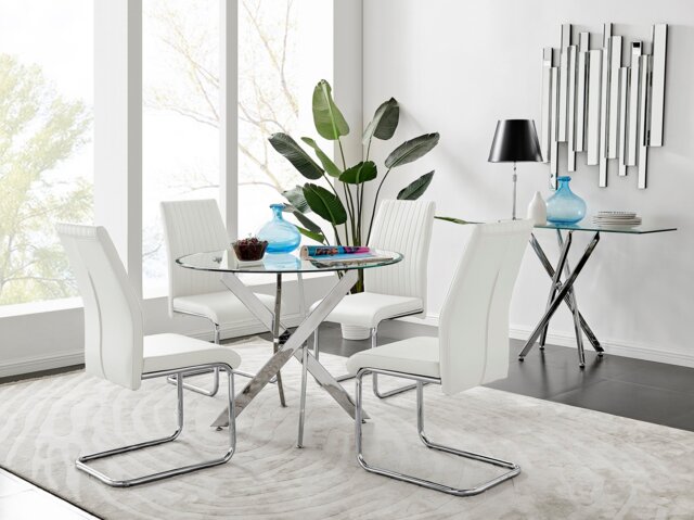Novara Chrome Metal 100cm Round Glass Dining Table And 4 Lorenzo Dining Chairs - image 1
