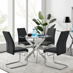 Novara Chrome Metal 100cm Round Glass Dining Table And 4 Lorenzo Dining Chairs - thumbnail 2