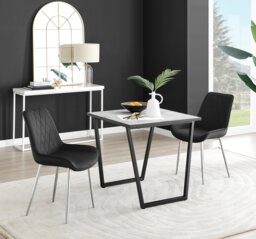 Carson White Marble Effect Square Dining Table & 2 Pesaro Silver Chairs - thumbnail 1