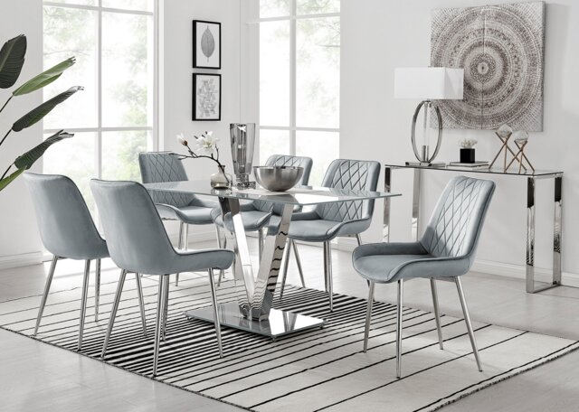 Florini V Grey Dining Table and 6 Pesaro Silver Leg Chairs - image 1