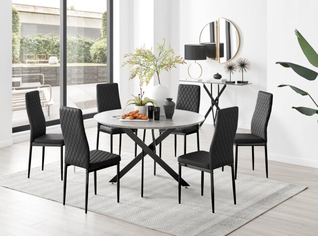 Novara Grey Concrete Effect Black Leg 120cm Round Dining Table & 6 Milan Black Leg Chairs - image 1