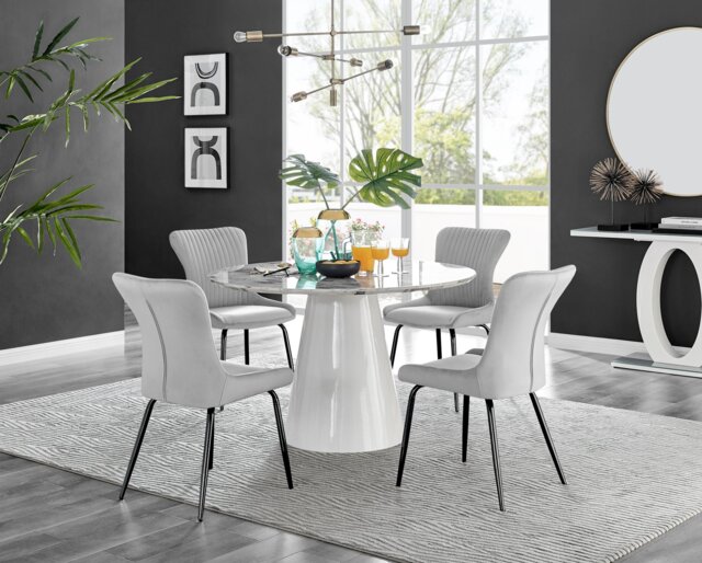 Palma White Marble Effect Round Dining Table & 4 Nora Black Leg Chairs - image 1