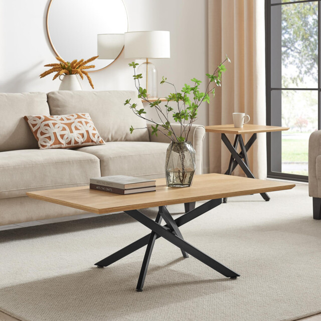 Leonardo Rectangular Oak Veneer and Black Coffee Table - image 1
